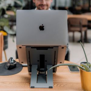 BakkerElkhuizen Ergo-Q Hybrid Pro Laptop/Tablet Stand - lifestyle shot, showing laptop setup